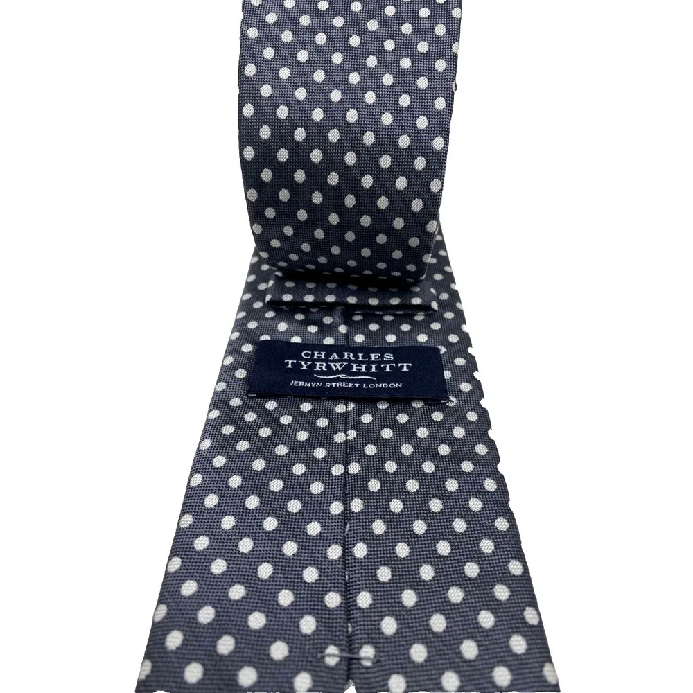 CHARLES TYRWHITT Men's 100% Silk Skinny‎ Necktie Designer POLKA DOT Gray/White